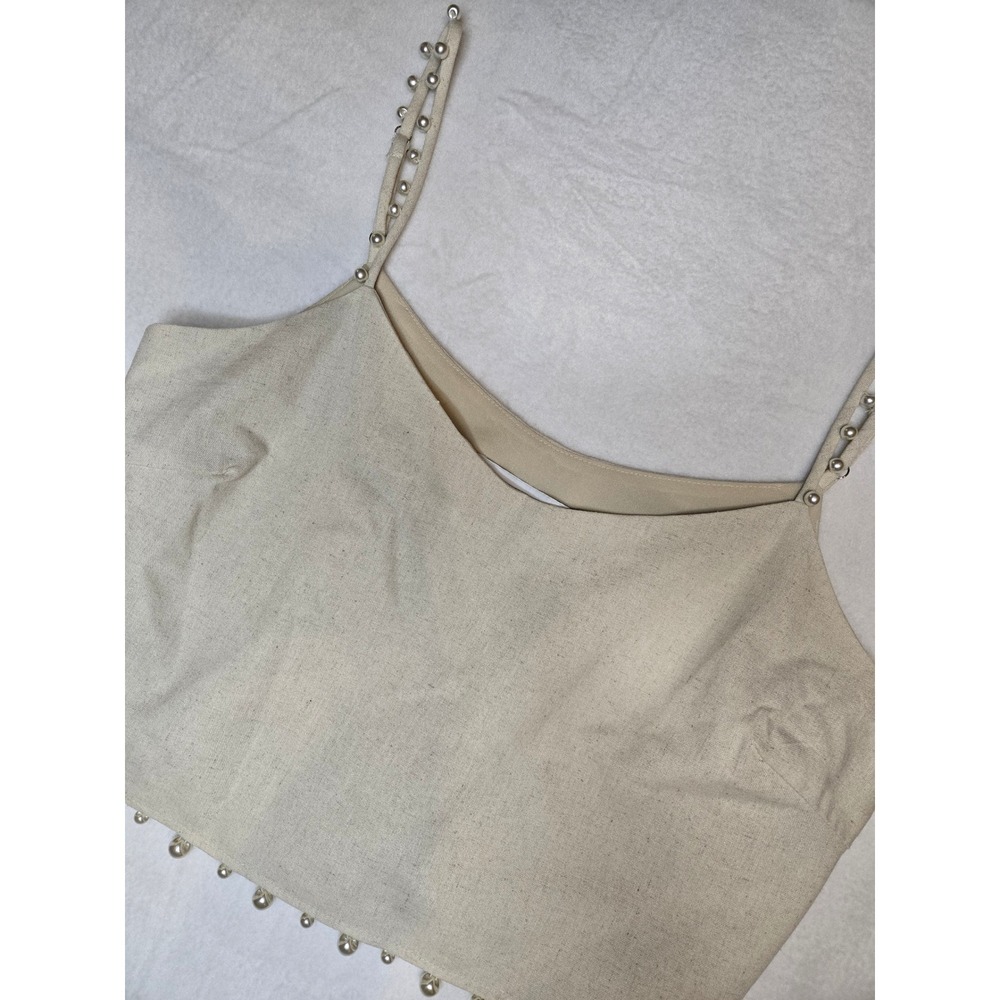EB Luxe Los Angeles Pearl Trim Linen Blend Crop Top Beige Women's Large